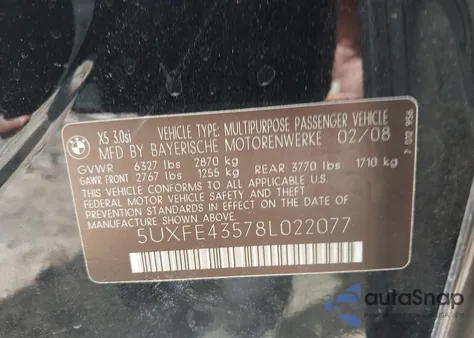 2008 BMW X5 3.0Si из США, поврежденный, VIN 5UXFE43578L022077